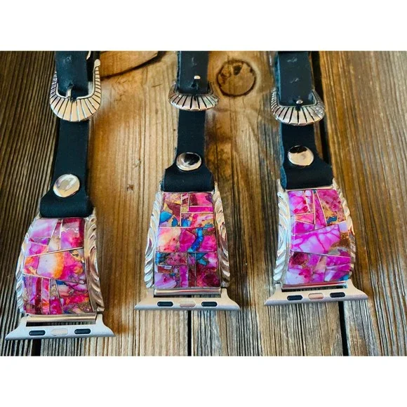 Navajo Pink Dream Mohave, Sterling Silver & Black Leather Smartphone Watch Band - Picture 7 of 8